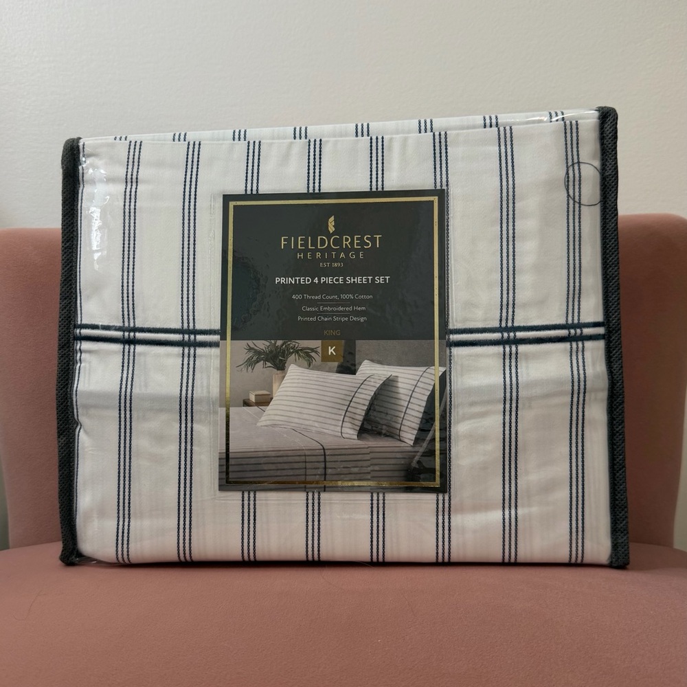 Fieldcrest Heritage Striped Sheet Set - White and Navy Blue